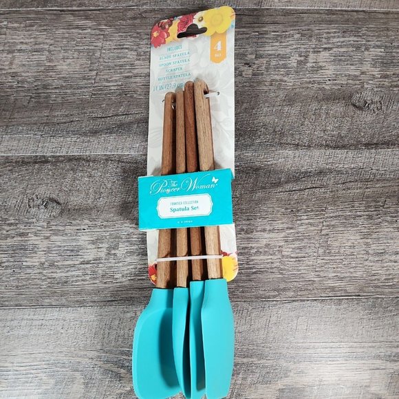 NEW! PIONEER WOMAN BLUE Silicone SPATULA SET~4 PIECES~ACACIA WOOD SILICONE - Picture 3 of 10